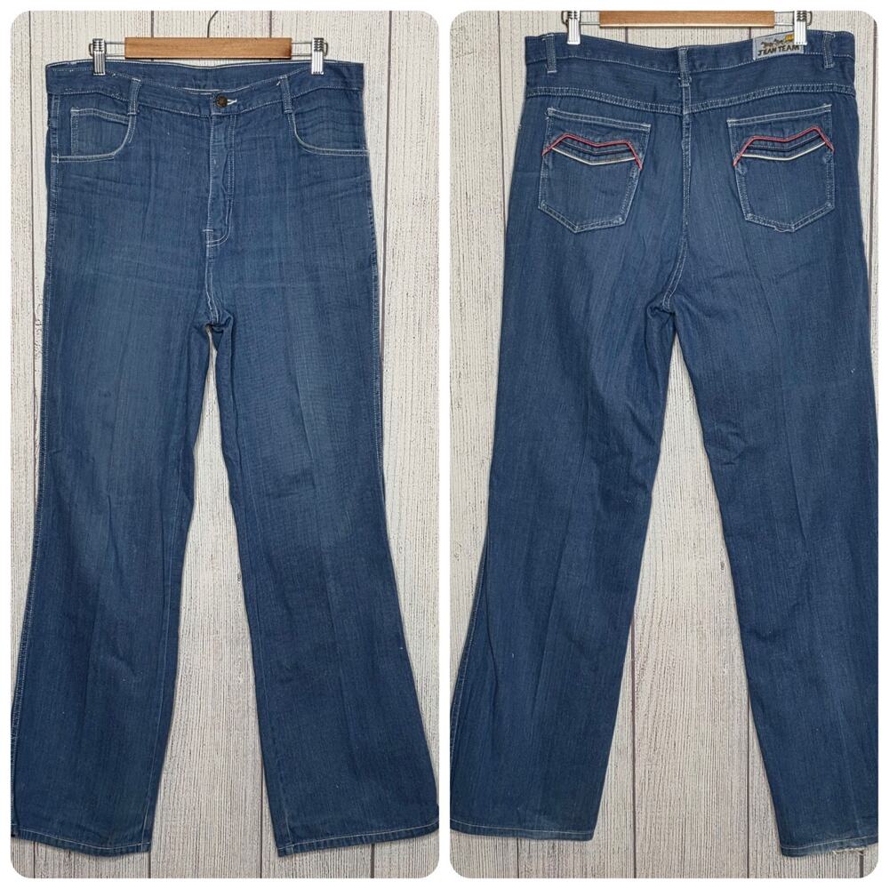 Vintage 70s Jean Team Jeans 36 Western Rodeo High Rise Flare Piped Pockets